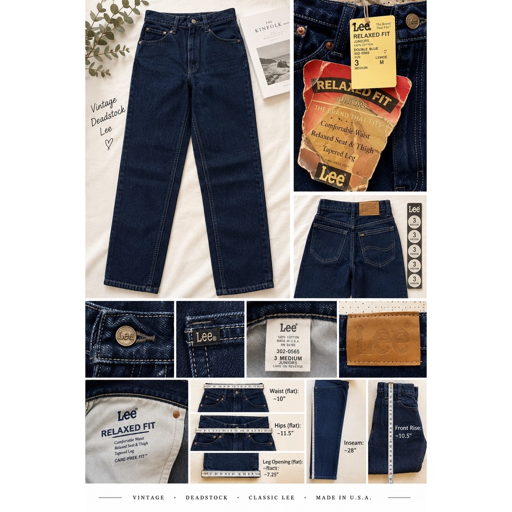Vintage Lee Deadstock Relaxed Fit Jeans Dark Wash Tapered Leg USA 90s Juniors 3